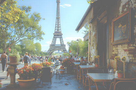 Cafe with Paris Tower in the background, fresh flowers in clay pots. Blurred effect.の素材