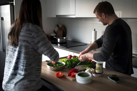 Couple cooking dinner together in the kitchen, modern interior. Staycation.の素材