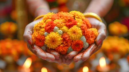Hands holding a bouquet of orange and yellow flowers with henna designs.の素材