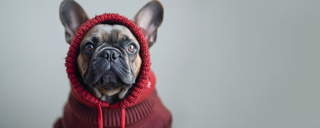 French bulldog in a red hoodie with a serious expression, looking directly at the camera against a plain background.の素材