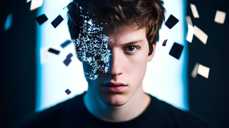 Portrait of a young man with digital particles and fragments dissolving from one side of his face, symbolizing the concept of technology, virtual identity, and the merging of human and digital worlds.の素材