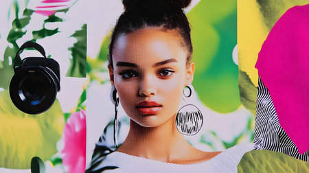 Fashionable woman with bold earrings and vibrant colors, with a camera lens in a modern artistic setting. Collage.の素材