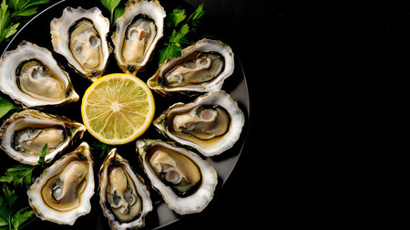 Plate of fresh oysters with a lemon slice and parsley on a black background.の素材