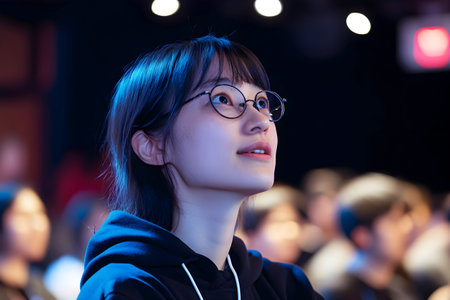 Young woman in glasses looking upward with an inspired expression, illuminated by blue stage lighting in a crowded auditorium setting.の素材