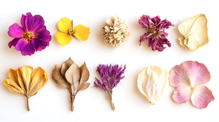 Collection of dried and pressed flowers and petals in vibrant and pastel colors, arranged on a white background showing natural textures and botanical diversity.の素材