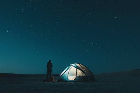 Person standing near an illuminated tent under a star-filled night sky in a serene and remote desert setting, embracing the beauty of the outdoors.の素材