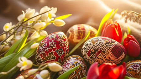 Traditional intricately decorated Easter eggs surrounded by vibrant red tulips and delicate white blossoms, bathed in warm sunlight, creating a festive and colorful spring scene.の素材