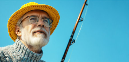 Senior man wearing a yellow hat and glasses holding a fishing rod against a bright blue sky. Copy space. High quality photoの素材