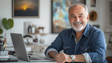 Smiling mature man working at home with a laptop, sitting in a bright and creative workspace, conveying productivity, confidence, and a modern lifestyle. High quality photoの素材