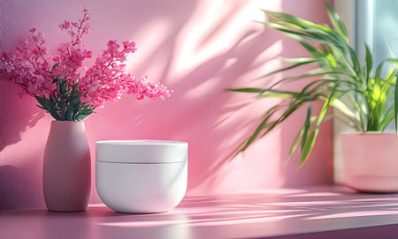 Elegant pink interior with a vase of cherry blossom flowers, a white cosmetic jar, and a green plant by a sunlit window, creating a serene and stylish atmosphere.の素材