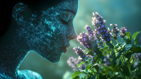 Profile of a woman with glowing digital patterns on her face gently smelling vibrant purple flowers in a dreamy, ethereal setting. High quality photoの素材