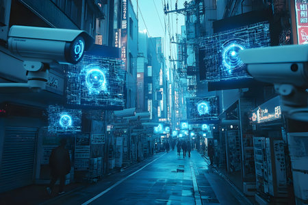 Futuristic urban street with surveillance cameras and glowing holographic displays, symbolizing advanced technology and digital monitoring in a cyberpunk cityscape.の素材