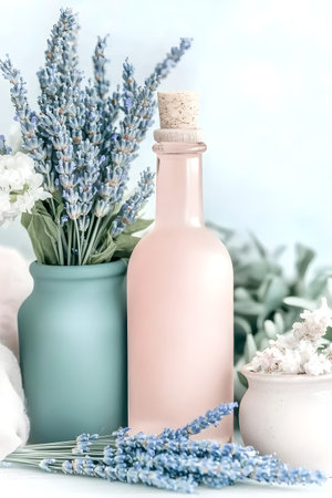 Pink frosted bottle with cork surrounded by fresh lavender, greenery, and ceramic vases on a soft pastel backgroundの素材