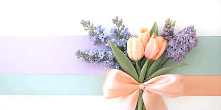 Bouquet of pastel tulips and lilacs tied with a pink ribbon on a striped background.の素材