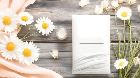 Flat lay composition with white daisies, a skincare cream jar, and an elegant white package on a rustic wooden surface, accented with soft peach fabric and dried grasses.の素材