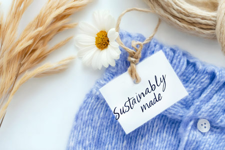 Soft blue knitted fabric with a tag reading Sustainably made, accompanied by natural elements like dried wheat, daisy, and twine. Eco-friendly fashionの素材