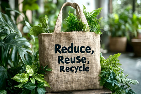 Eco-friendly jute bag with the words Reduce, Reuse, Recycle surrounded by lush green plants, promoting sustainability and environmental awareness.の素材