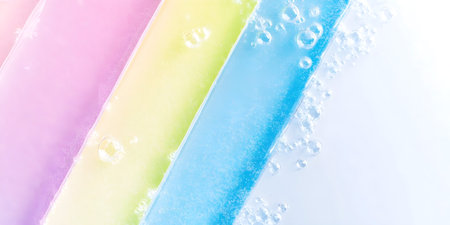 Close-up of pastel-colored diagonal stripes with bubbles and water droplets, creating a soft and refreshing abstract background with light and airy feel.の素材