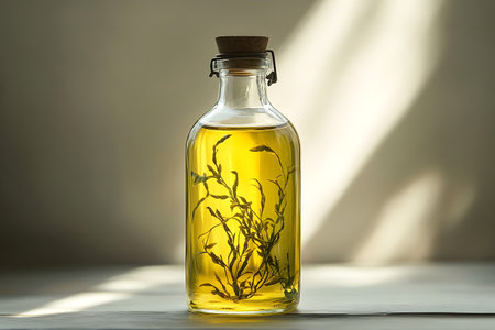 Glass bottle of infused herbal oil with sprigs of fresh herbs, illuminated by soft natural light, creating a rustic and artisanal aesthetic with a focus on purity and natural ingredients.の素材