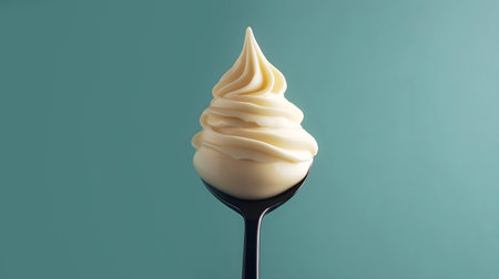 swirl of creamy white mayonnaise or whipped butter on a spoon against a teal background, creating a minimalistic food composition.の素材