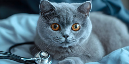 Cute gray cat with big orange eyes lying on bed next to stethoscope, symbolizing pet healthcare and veterinary care.の素材