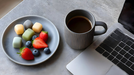 Colorful mochi and fresh berries on a plate with a cup of coffee and laptop on a gray stone table.の素材