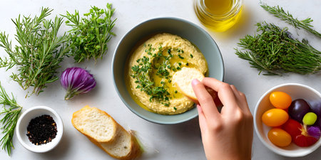 Lupine hummus in a bowl garnished with herbs and olive oil, served with bread and fresh vegetables.の素材