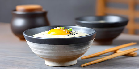 Traditional Asian Miso Oatmeal with raw egg yolk, sesame seeds and green onion in ceramic bowlの素材