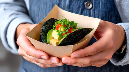 Vegan taco nori hand with tofu, avocado, seaweed and greens served in a paper tray.の素材