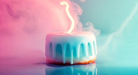 Fantasy cake with glossy blue glaze and smoke effect on pastel pink and turquoise background.の素材