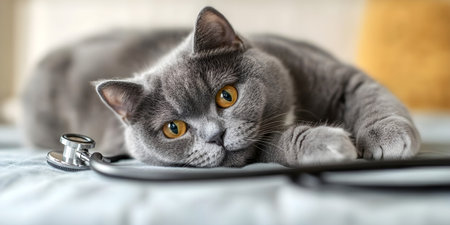 Cute gray cat lying on bed with stethoscope, looking directly at the camera with curious expression.の素材