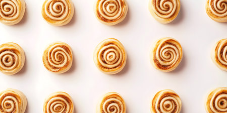 Fresh cinnamon rolls with icing arranged in a neat repeating pattern on a white background.の素材