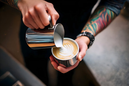 Barista with tattooed arm pouring steamed milk into coffee cup creating latte art in cozy cafe setting.の素材