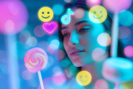 Young woman surrounded by glowing neon emojis and lollipops in a dreamy, colorful digital environment. High quality photoの素材