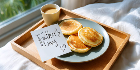 Fathers Day breakfast in bed with pancakes, coffee and a handwritten note on a wooden tray.の素材