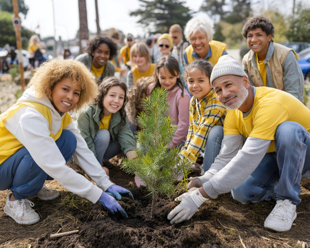 Group of enthusiastic volunteers engaged in planting a young tree in a community garden, highlighting collaboration and commitment to environmental careの素材