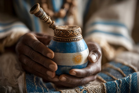 Traditional mate cup held in hands, featuring detailed design, surrounded by colorful textiles and warm lighting, emphasizing cultural heritage and craftsmanshipの素材