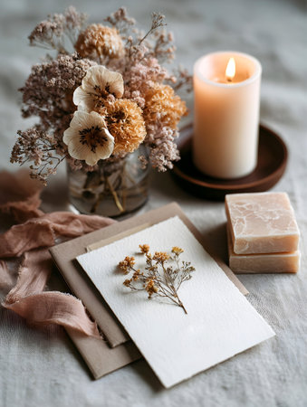 A beautiful dried floral arrangement in a glass vase next to a lit candle, accompanied by natural soap bars and soft fabric, evoking a calming ambiance for self-careの素材