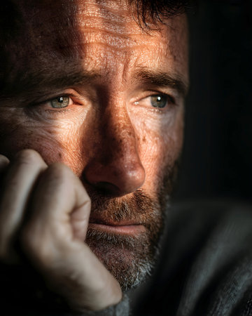 Introspective man with rugged features, captured in soft light and deep shadows, reflecting on life, conveying a sense of emotion and tranquility in a quiet settingの素材