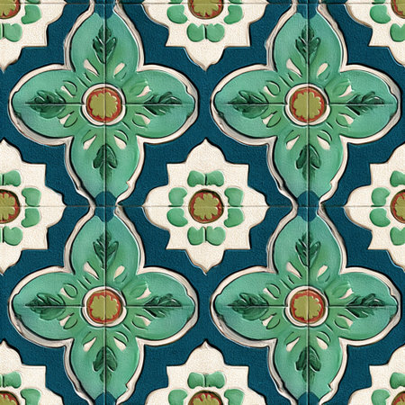 Vintage ceramic tile pattern with green floral motifs and blue background in seamless design.の素材