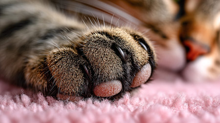 Close-up of a sleeping cats paw with visible claws resting on pink carpet in cozy atmosphere.の素材