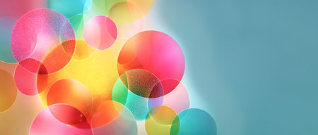 Abstract illustration showcases overlapping circles in bright colors, including pink, blue, green, and yellow, creating a lively atmosphere with ample copy spaceの素材
