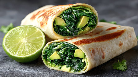 Grilled spinach and avocado wraps, accompanied by a lime wedge and fresh cilantro, highlighting vibrant colors and textures in a healthy meal presentationの素材