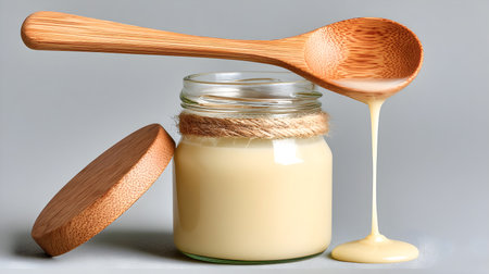 Glass jar contains creamy substance with wooden spoon drizzling contents, highlighting smooth texture and natural materials, ideal for culinary and food photographyの素材