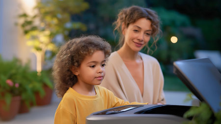 Child interacts with innovative kitchen appliance while mother watches, highlighting a nurturing family atmosphere in a serene outdoor environment filled with plants and gentle lightingの素材