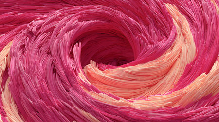 Abstract swirl of pink and peach fiber-like strands forming a vortex pattern in a dynamic motionの素材