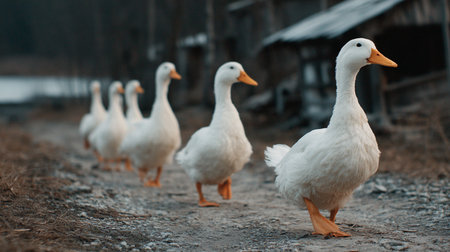 White ducks walking in a row along a rural farm path with old wooden buildings in backgroundの素材