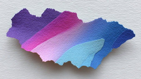 Torn textured paper with gradient colors from purple and pink to blue on light backgroundの素材