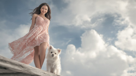 Elegant young woman in a flowing lace dress standing beside a fluffy white dog on a wooden platform against a cloudy sky. High quality photoの素材