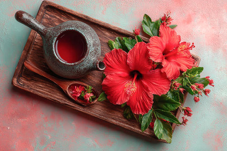 Ceramic teapot with hibiscus tea and fresh red hibiscus flowers on wooden trayの素材